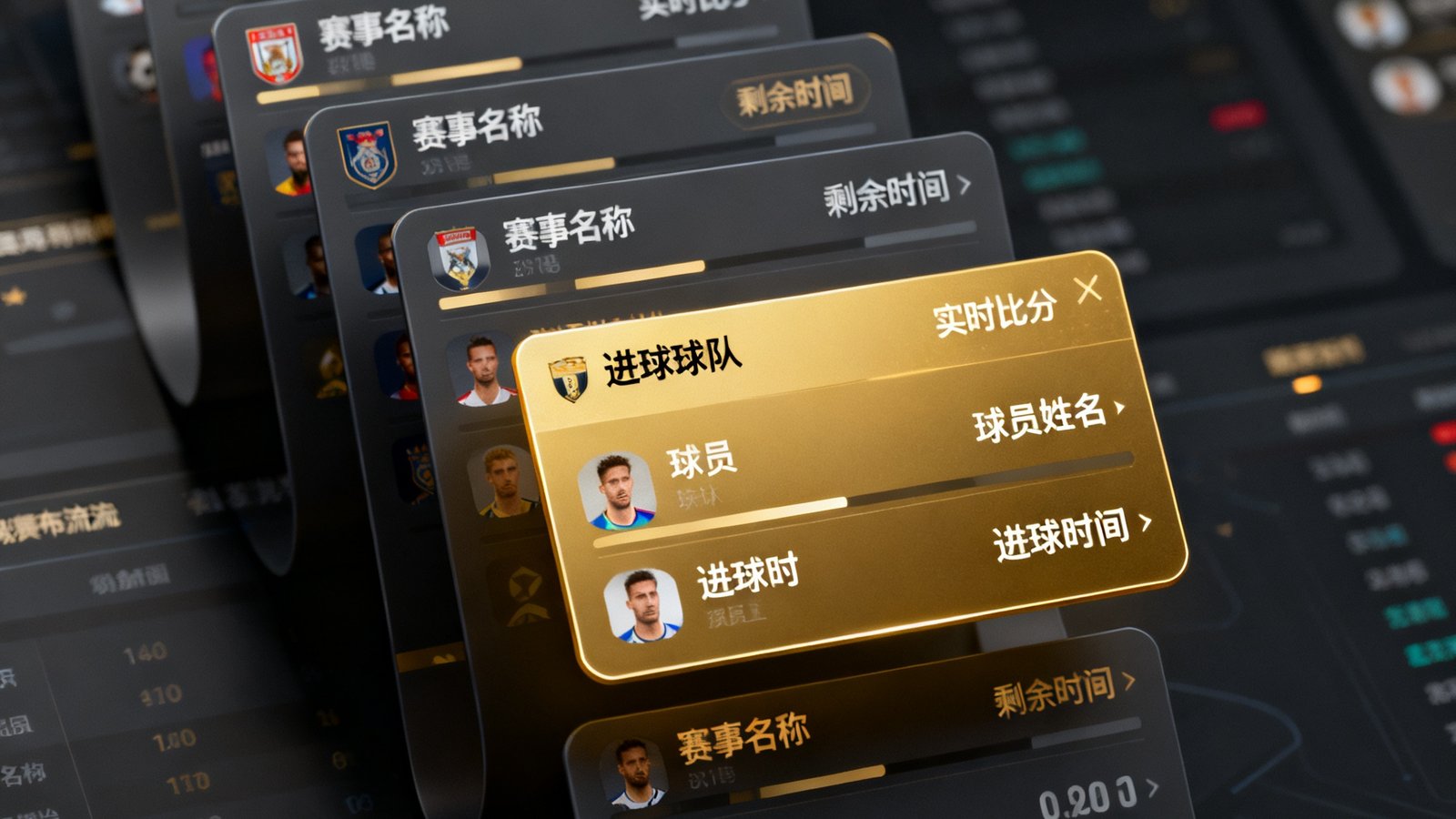 世界杯数据平台实时比分界面展示，多场赛事比分卡片以瀑布流方式排列，最新进球以金色弹窗高亮提示，背景为暗色数据面板风格。